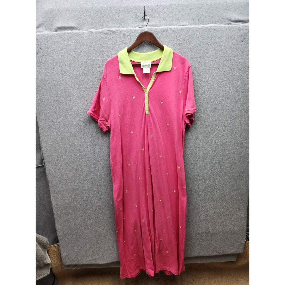 Quacker Factory Pink Palm Tree Embroidered Polo Maxi Dress Lime Green Trim 1X